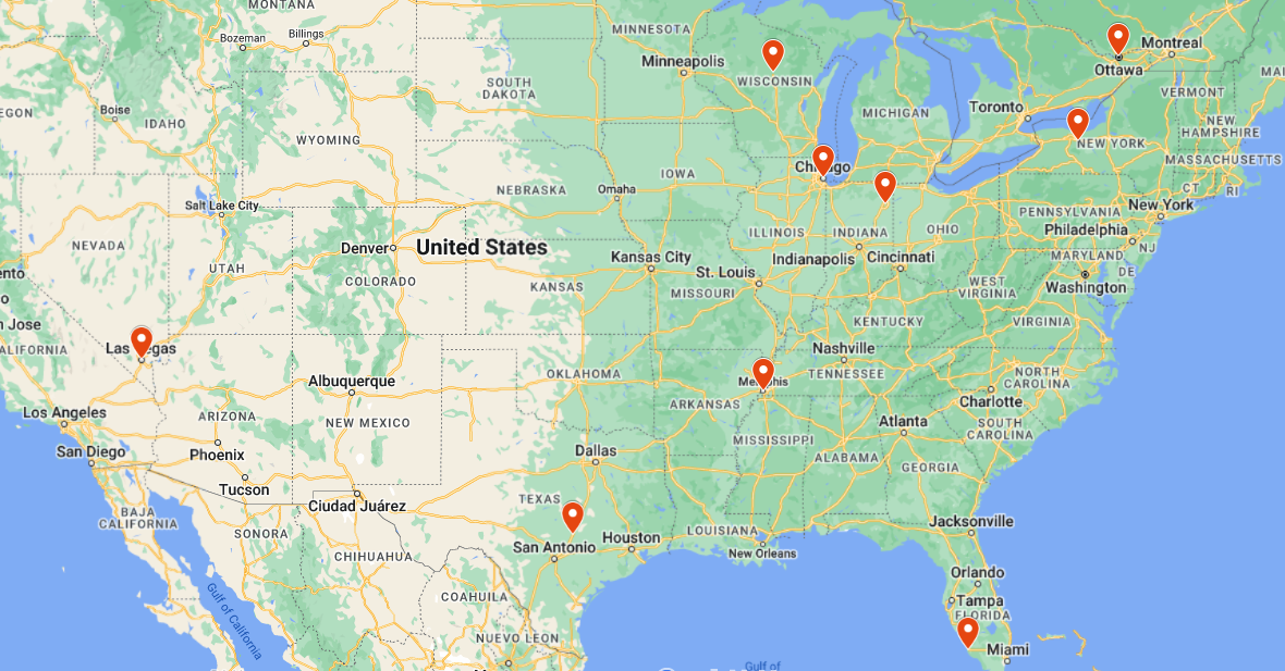 United States Map with Sales Offices pinned