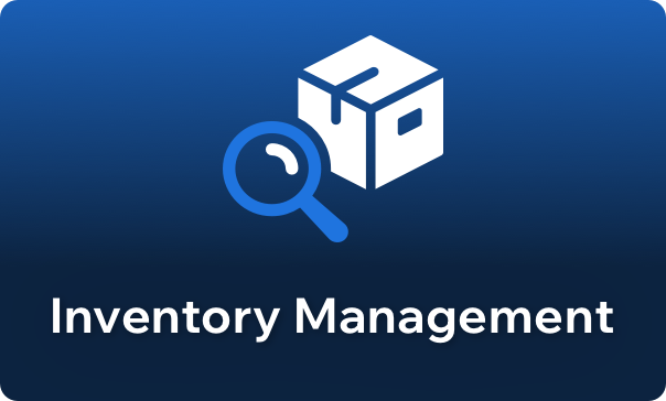 Inventory Management at Global Point. Icon of box with magnifying glass.